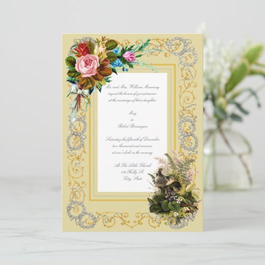 Victoriaans Tijdperk Nesting Birds & Bouquets Wedd Kaart (Staand voorkant)