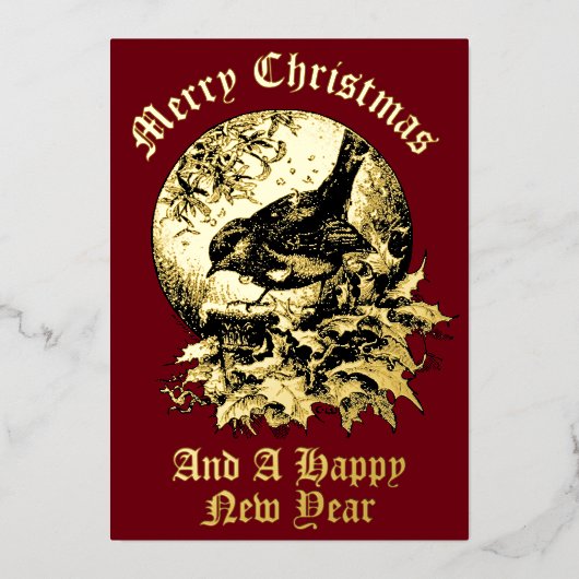 Victoriaans tijdperk Vogel, Holly, & Mistletoe Ker Folie Feestdagenkaart (Voorkant)