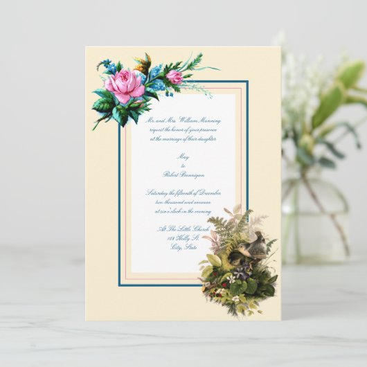 Victoriaans Tijdperk Vogels In Nest Met Bloemen Tr Kaart (Staand voorkant)