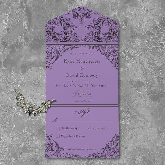 Victoriaans Til Death Zwart Paarse bruiloft Geen D All In One Uitnodiging