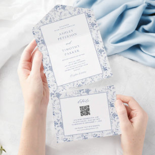 Victoriaans Toile Blauw Bloemen Huwelijk All In One Uitnodiging