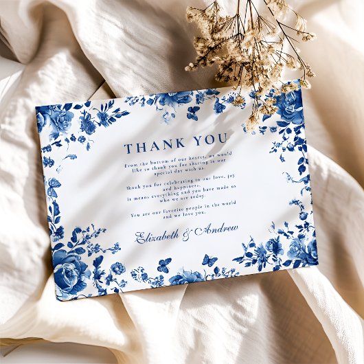 Victoriaans Toile  Blauw Bloemen Huwelijk Bedankkaart