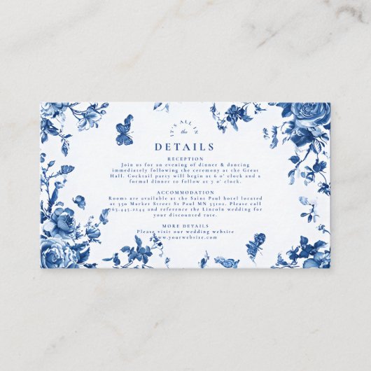 Victoriaans Toile  Blauw Bloemen Huwelijk Informatiekaartje (Voorkant)