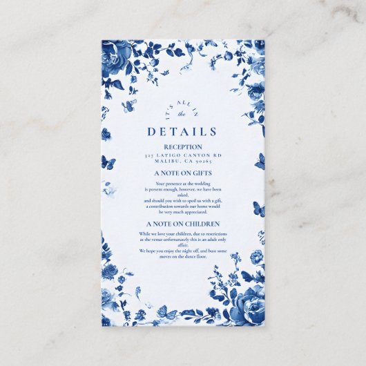 Victoriaans Toile  Blauw Bloemen Huwelijk Informatiekaartje (Voorkant)