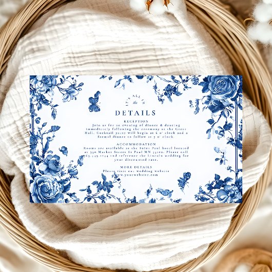 Victoriaans Toile  Blauw Bloemen Huwelijk Informatiekaartje