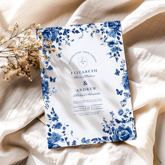 Victoriaans Toile  Blauw Bloemen Huwelijk Kaart