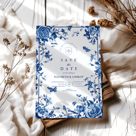 Victoriaans Toile  Blauw Bloemen Huwelijk Save The Date