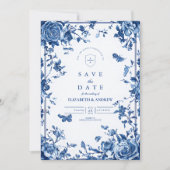 Victoriaans Toile  Blauw Bloemen Huwelijk Save The Date (Voorkant)