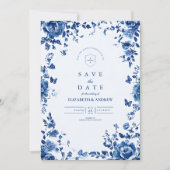 Victoriaans Toile  Blauw Bloemen Huwelijk Save The Date (Voorkant)