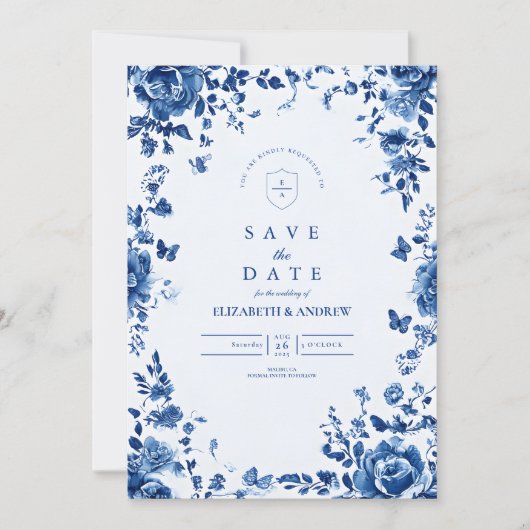 Victoriaans Toile  Blauw Bloemen Huwelijk Save The Date (Voorkant)