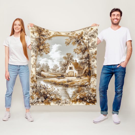  Victoriaans Toile Country Scene Fleece Deken (In situ)
