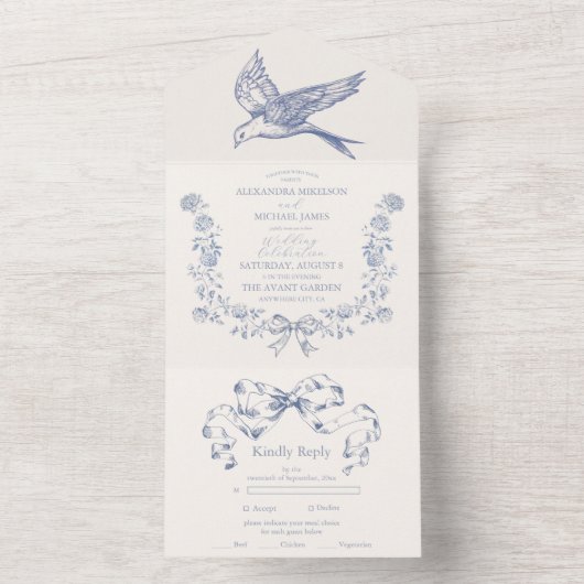 Victoriaans Toile Frans Blauw Classic Bruiloft All In One Uitnodiging (Binnen)