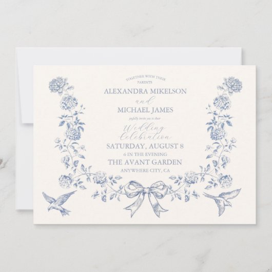 Victoriaans Toile Frans Blauw Classic Bruiloft Kaart (Voorkant)