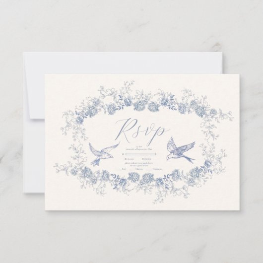 Victoriaans Toile Frans Blauw Classic Bruiloft RSVP Kaartje (Voorkant)