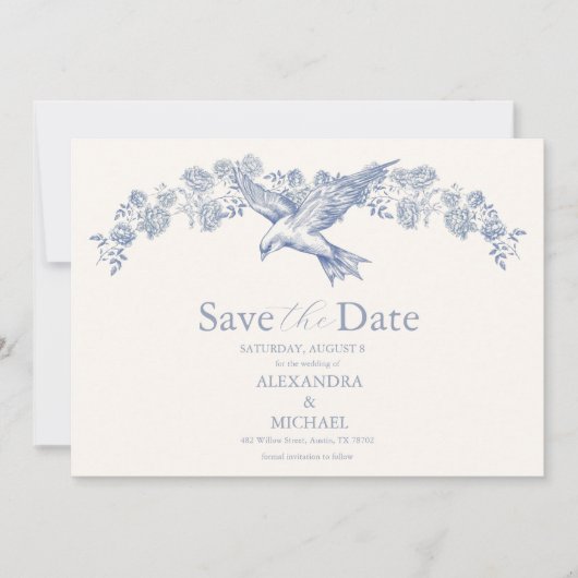 Victoriaans Toile Frans Blauw Classic Bruiloft Save The Date (Voorkant)