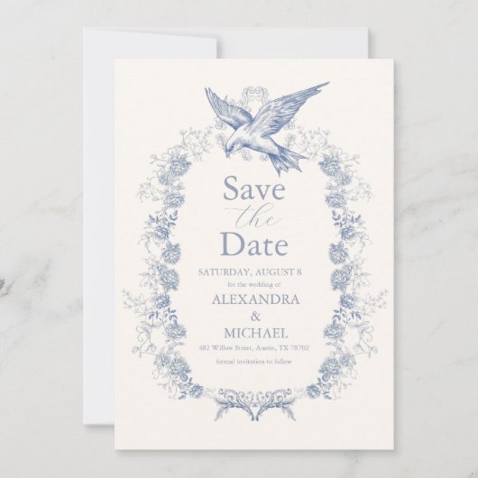 Victoriaans Toile Frans Blauw Classic Bruiloft Save The Date (Voorkant)