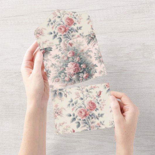 Victoriaans Toile Frans roze Bloemen All In One Uitnodiging (Afscheurbaar)