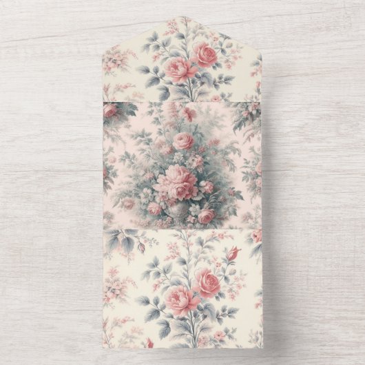 Victoriaans Toile Frans roze Bloemen All In One Uitnodiging (Binnen)