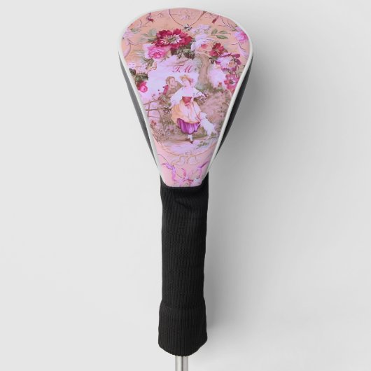 Victoriaans Toile Rococo Style Bloemen Roze Initia Golfheadcover (Voorkant)