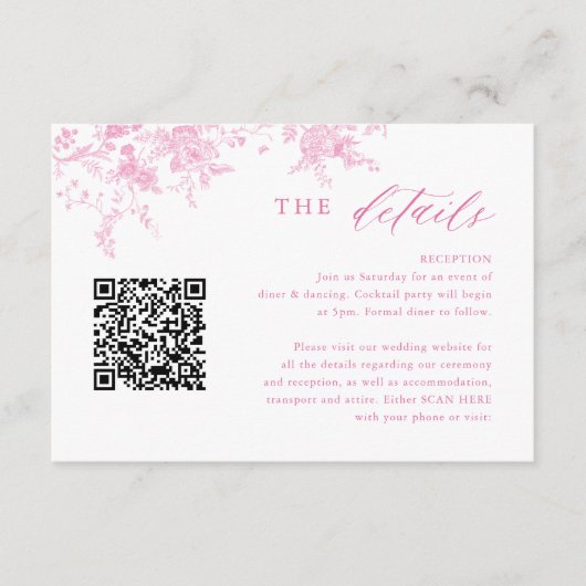 Victoriaans Toile Roze Bloemen Trouwdetails QR Informatiekaartje (Voorkant)