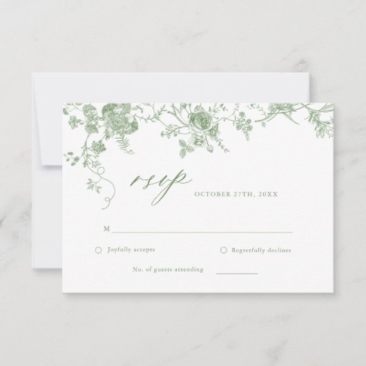 Victoriaans Toile Sage Groene Bloemen Huwelijk RSVP Kaartje (Voorkant)