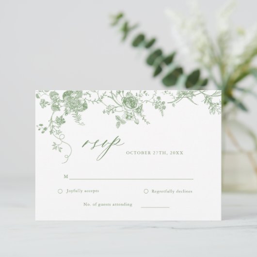 Victoriaans Toile Sage Groene Bloemen Huwelijk RSVP Kaartje (Staand voorkant)