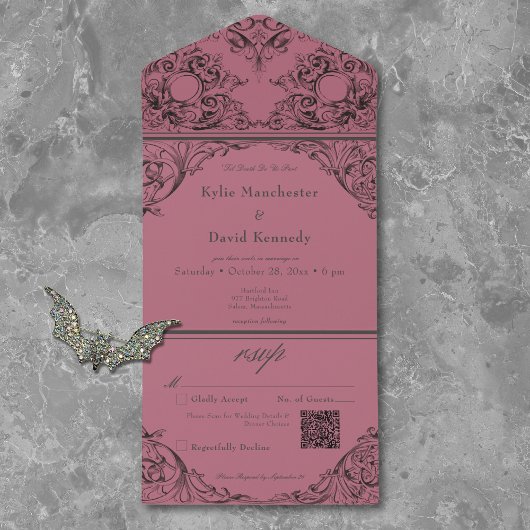 Victoriaans tot de dood Black & Wine Wedding QR-co All In One Uitnodiging