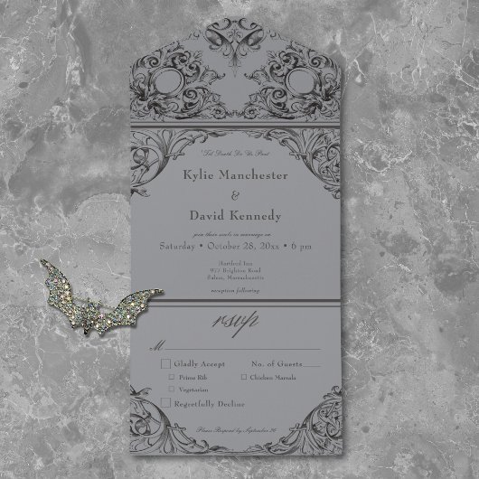 Victoriaans Tot De Dood Zwart & Grijs Trouwdiner All In One Uitnodiging