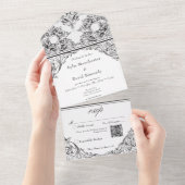 Victoriaans tot de dood zwart wit trouw QR-code All In One Uitnodiging (Afscheurbaar)