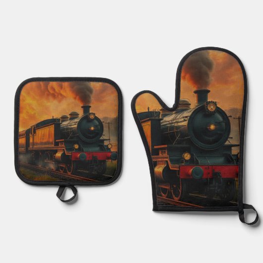 Victoriaans treinreis - Steampunk stoomtrein Ovenwant & Pannenlap Set (Voorkant)