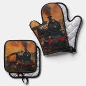 Victoriaans treinreis - Steampunk stoomtrein Ovenwant & Pannenlap Set (Voorkant / Achterkant)