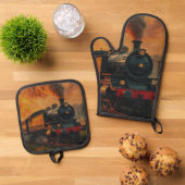 Victoriaans treinreis - Steampunk stoomtrein Ovenwant & Pannenlap Set (Top down)