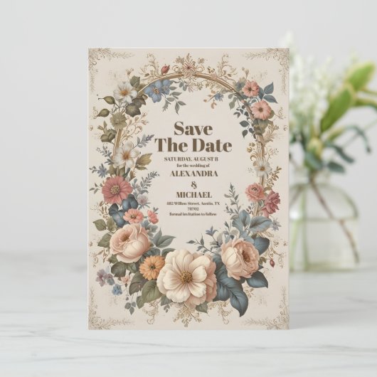 Victoriaans  tuinbouwbruiloft save the date (Staand voorkant)