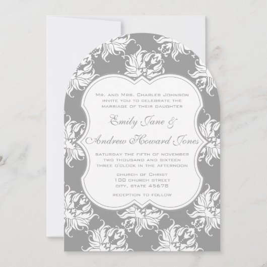 Victoriaans uitnodiging tot bruiloft grijze Damask (Voorkant)