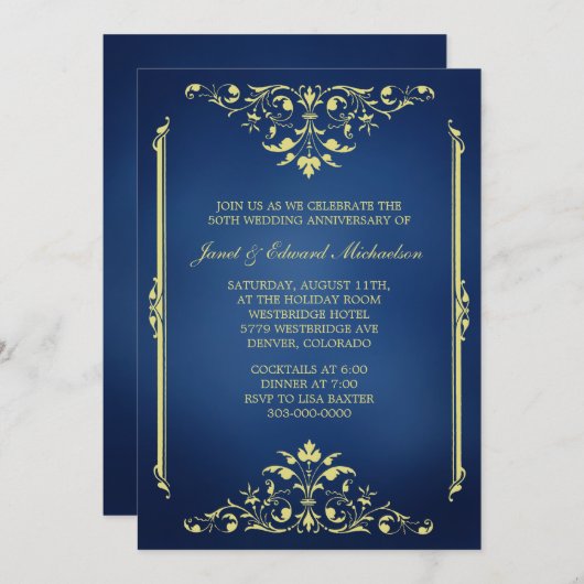 Victoriaans uitnodiging tot het indienen van blauw (Voorkant / Achterkant)