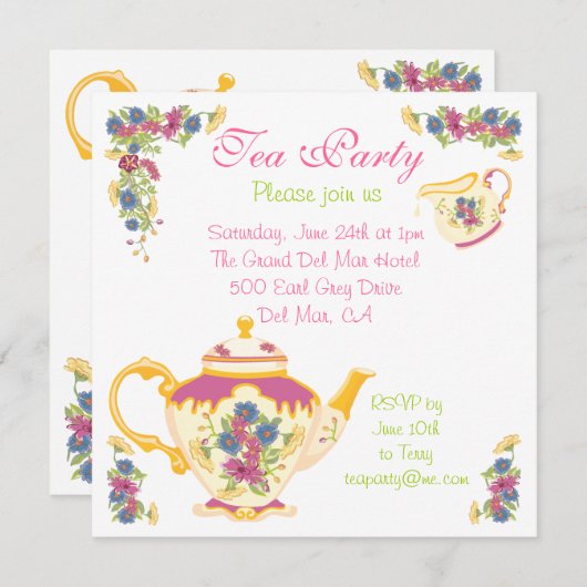 Victoriaans uitnodiging van Tea Pot Tea Party (Voorkant / Achterkant)