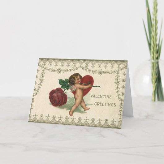  Victoriaans Valentijn Cherub, Roos en hart Feestdagen Kaart (Voorkant)