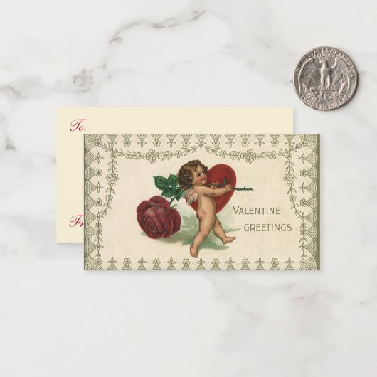  Victoriaans Valentijn Cherub, Roos en hart Notitiekaartje (Voorkant / Achterkant in situ)