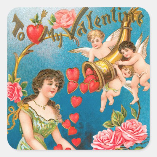 Victoriaans Valentijnsdag Angels & Hearts Vierkante Sticker (Voorkant)