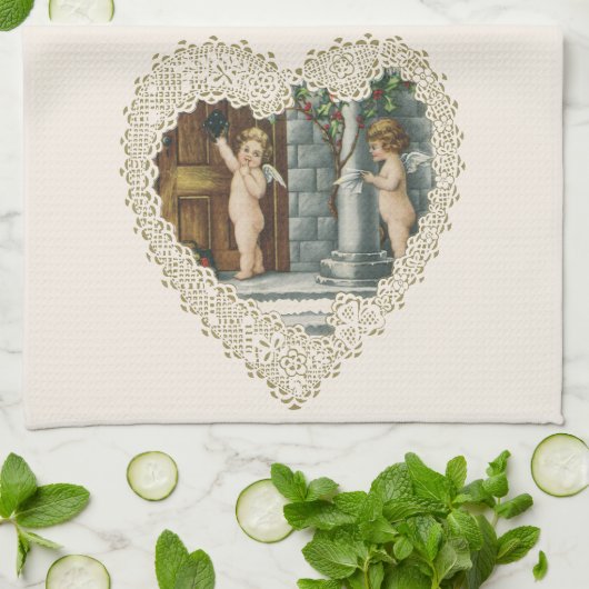 Victoriaans Valentijnsdag,  Angels w Letter Theedoek (Gevouwen)