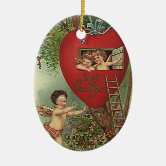 Victoriaans Valentijnsdag Cherubs Treehouse Keramisch Ornament (Voorkant)