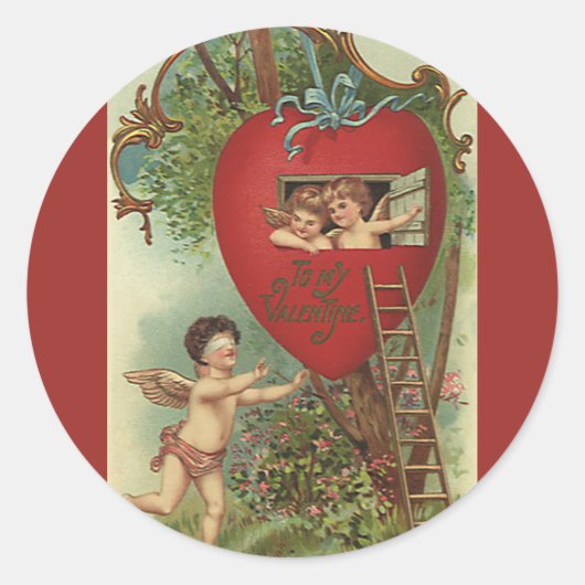 Victoriaans Valentijnsdag Cherubs Treehouse Ronde Sticker (Voorkant)