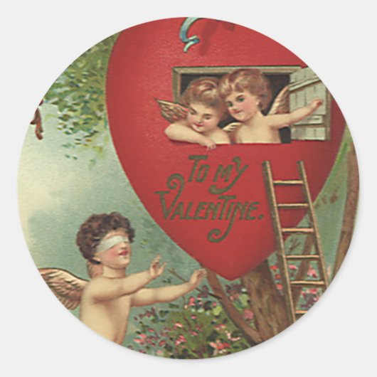 Victoriaans Valentijnsdag Cherubs Treehouse Ronde Sticker (Voorkant)