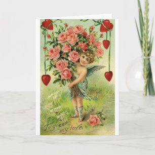 Victoriaans Valentijnsdag Cupid en Rozen Feestdagen Kaart