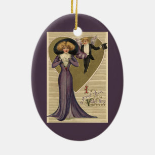 Victoriaans Valentijnsdag, dame in Paars Keramisch Ornament