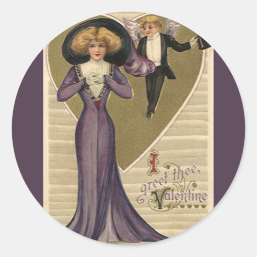  Victoriaans Valentijnsdag, dame in Paars Ronde Sticker (Voorkant)