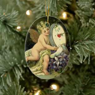 Victoriaans Valentijnsdag,  Engel Tortelduifjes Keramisch Ornament