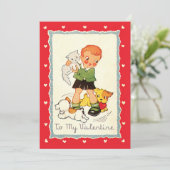 Victoriaans Valentijnsdag jongen, katten en honde Feestdagenkaart (Staand voorkant)
