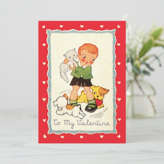  Victoriaans Valentijnsdag jongen, katten en honde Feestdagenkaart (Staand voorkant)