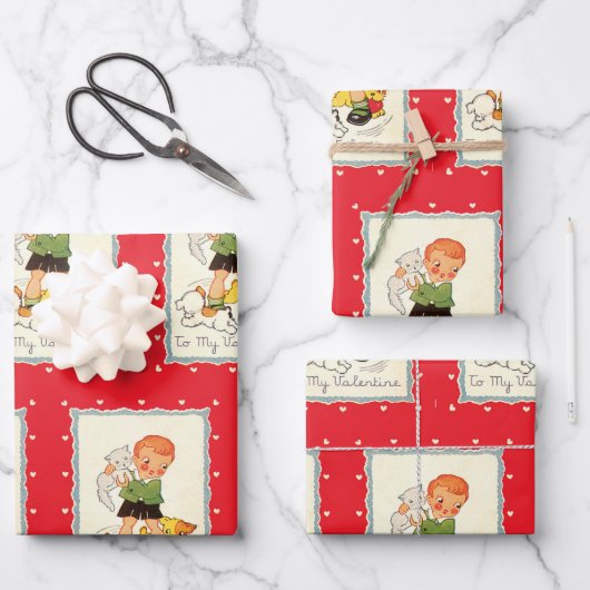 Victoriaans Valentijnsdag jongen, katten en honde Inpakpapier Vel (Voorkant)